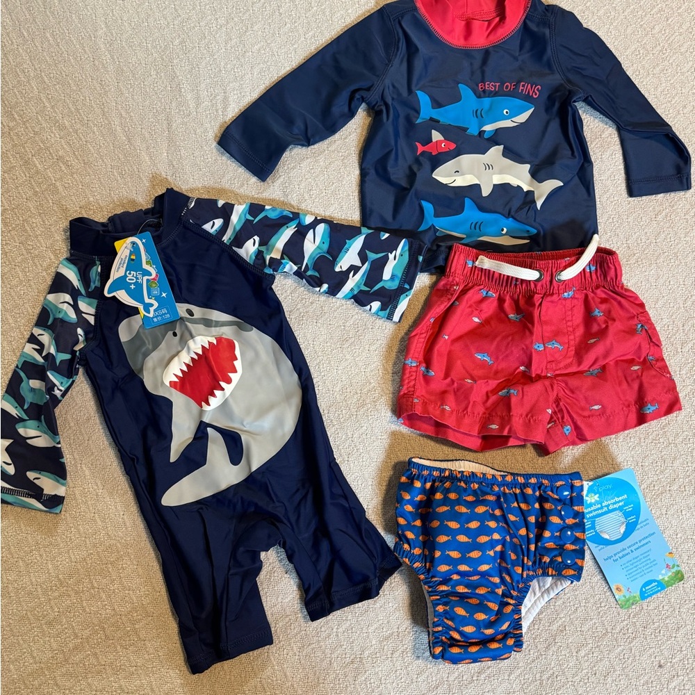 Shark Print Kids Swim Set - Navy and Red
